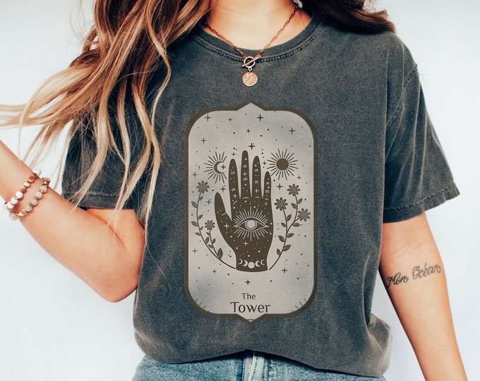 Tarot T-Shirt, Tower Tarot Shirt, Celestial Tarot Cottagecore Tee, Goblincore Tarot Card T-Shirt, Skull Witchy TShirt, Gothic Tarot Tee