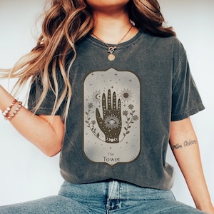 Tarot T-Shirt, Tower Tarot Shirt, Celestial Tarot Cottagecore Tee, Goblincore Tarot Card T-Shirt, Skull Witchy TShirt, Gothic Tarot Tee