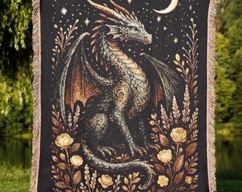 Golden Celestial Dragon Woven Blanket, Fantasy Tapestry Throw, 100% Cotton, Made in USA