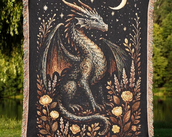 Golden Celestial Dragon Woven Blanket, Fantasy Tapestry Throw, 100% Cotton, Made in USA