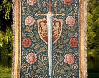 Woven Cotton Tapestry Blanket, Medieval Sword Shield Heraldic Gothic Throw