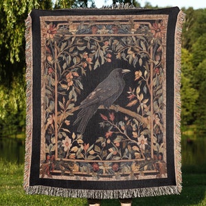 Raven Woven Blanket, Black Crow Kids Room Decor, Retro Bird Lover Gift Throw