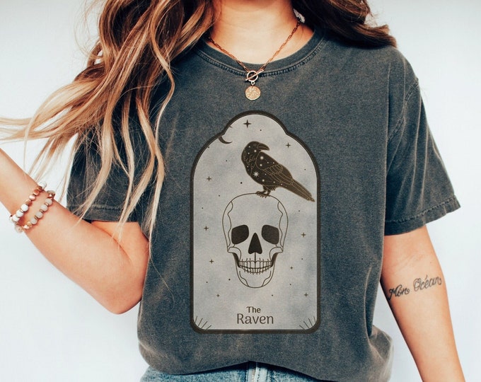 Raven Tarot Card T-Shirt, Skull Witchy Goblincore Tee