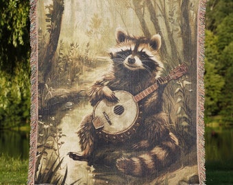 Banjo Raccoon Woven Blanket, Vintage Animal Print Tapestry, Cotton Cottagecore Throw Blanket, Gift For Goblincore And Fairycore Lover
