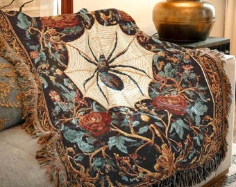 Spider Web Woven Blanket, Gothic Halloween Home Decor Throw, Dark Floral Witchy Tapestry