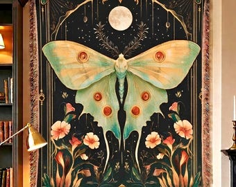 Woven Luna Moth Blanket, Celestial Moon Cottagecore Tapestry, 100% Cotton Fringed Throw