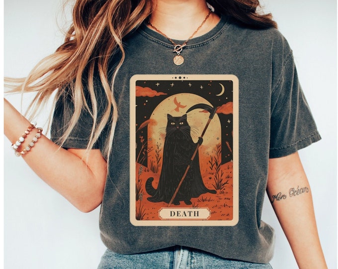 Black Cat Death Tarot Card T-Shirt, Witchy Tee, Comfort Colors