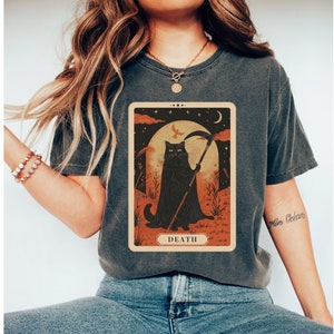 黒猫タロットカードシャツ、死神死Tシャツ、タロット愛好家へのギフト、魔女猫Tシャツ、女性用かわいい魔女服、猫愛好家へのギフト