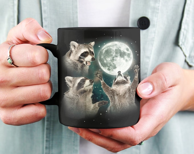 Raccoons Howling at the Moon Mug, Raccoon Lover Coffee Mug, Moon Lover Gift, Cottagecore Animal Mug, Funny Racoon Meme Coffee Lover Gift Mug