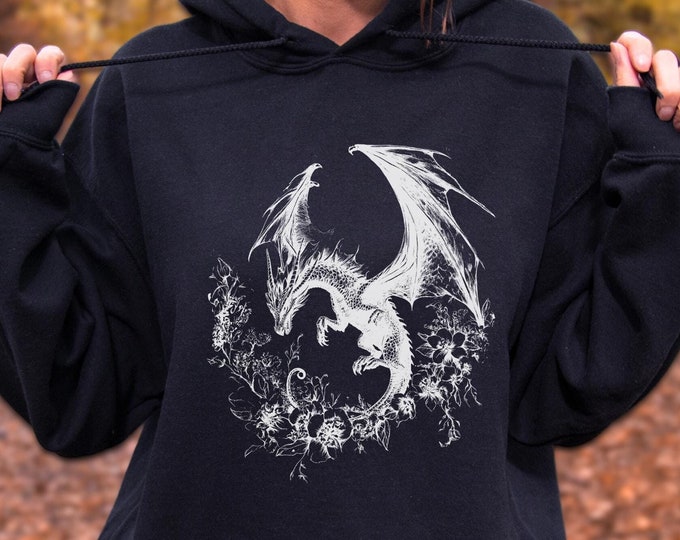 Fantasy Floral Dragon Hoodie, Retro Goth Aesthetic