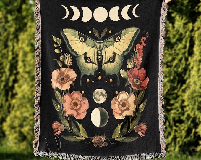 Luna Moth Moon Phases Woven Blanket, Cottagecore Decor