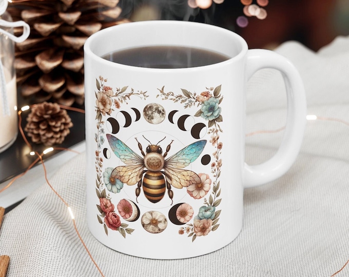 Cottagecore Bee Mug, Moon Phases Floral Ceramic Coffee Cup
