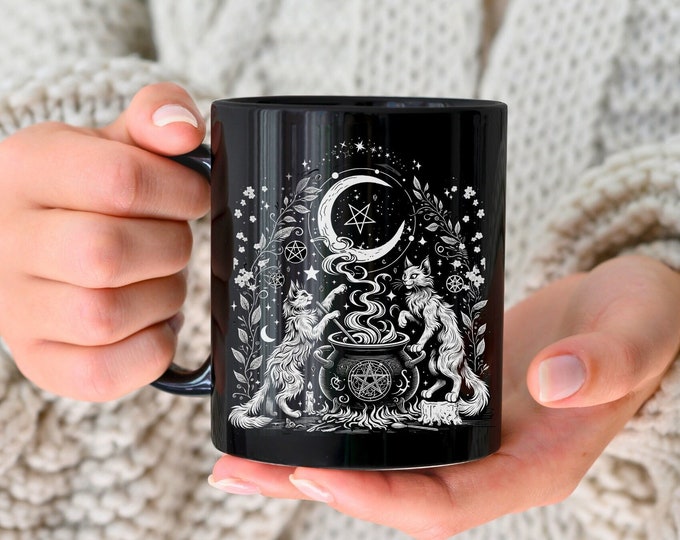 Celestial Cat Mug, Witchy Dark Cottagecore Gift,  Black Cat Coffee Mug, Tarot Gift for Cat Mom, Witch Cat Tea Cup, Cat Lover Gift