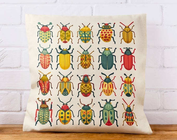 Beetles Pillow, Cottagecore Beetle Lover Throw Cushion, Bug Themed Home Decor