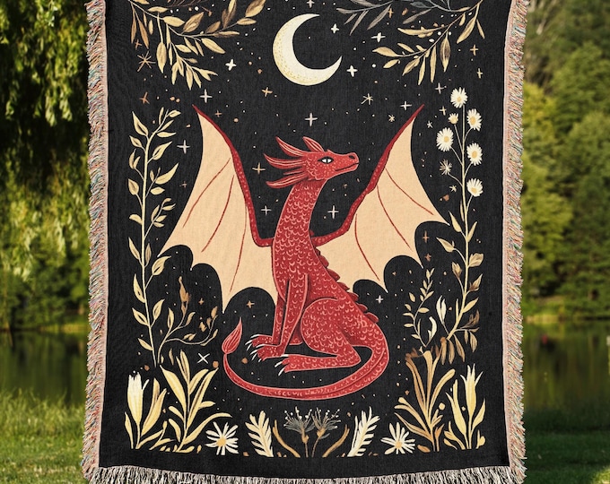 Dragon Woven Blanket, Celestial Dragon Kids Room Decor, Retro Fantasy Lover Gift Throw