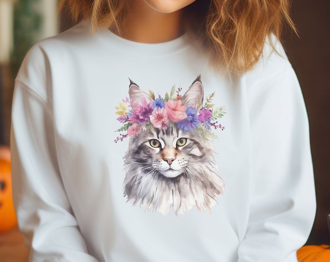 Cottagecore Maine Coon Cat Sweatshirt, Floral Crown, Cat Lover Gift