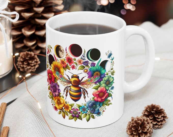Cottagecore Bee Mug, Moon Phases, Floral Ceramic Tea Cup