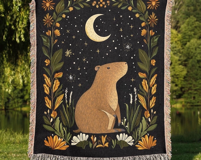 Capybara Woven Blanket, Floral Moon Throw, Kids Room Decor