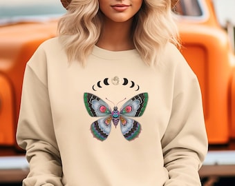 Moon Phases Moth Graphic Sweatshirt, Celestial Cottagecore Style