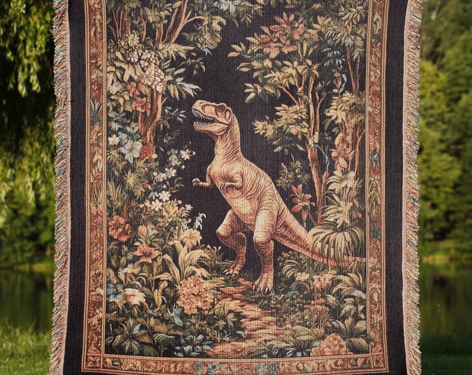 T-Rex Woven Cotton Blanket, Fantasy Dinosaur Throw