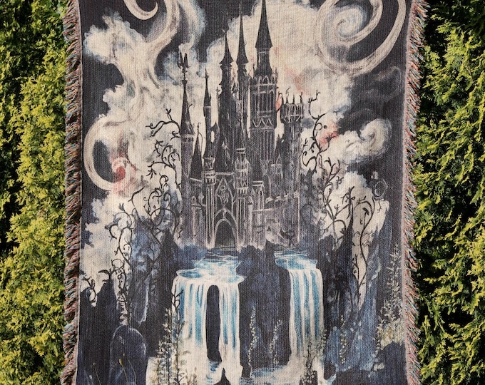 Dark Gothic Castle Blanket, Misty Waterfalls Throw, Fantasy Landscape Woven Tapestry, Witchy Medieval Decor, Haunted Mansion Illustration