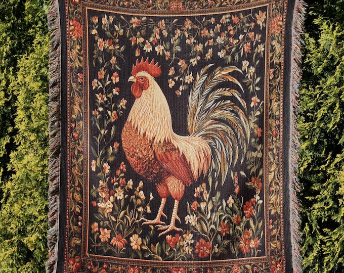 Rooster Woven Blanket, Farmhouse Cottagecore Tapestry Home Decor, Floral Vintage Gift for Chicken Lovers