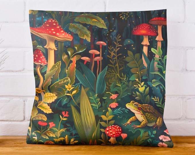 Mushrooms and Frog Pillow, Cottagecore Home Decor, Mushroom Lover Gift