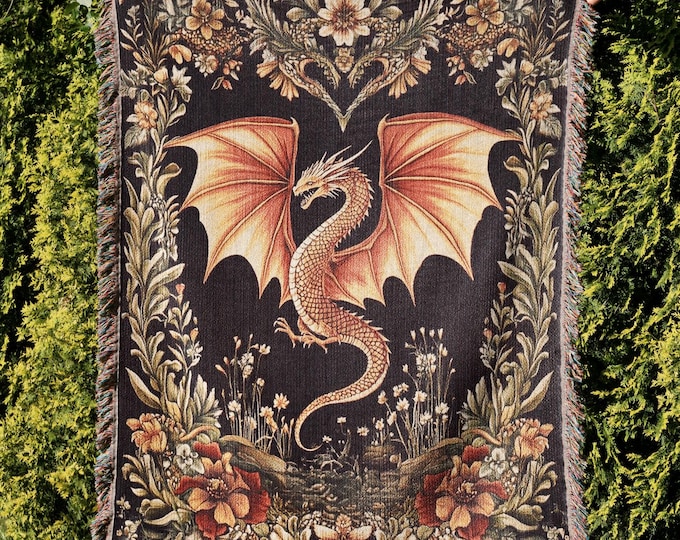 Woven Dragon Tapestry Blanket, Gothic Fantasy Decor