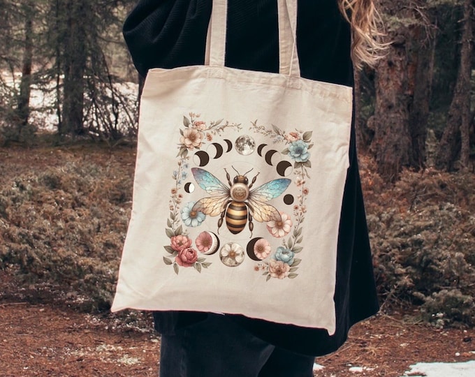 Cottagecore Bee Tote Bag, Floral Moon Phases, Canvas Shopping Bag
