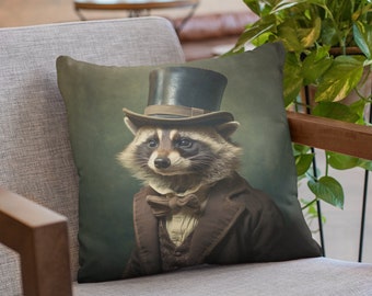Victorian Raccoon Pillow, Raccoon Portrait Pillow, Animal Lover Gift, Victorian Animal Home Decor, Raccoon Lover Gift, Cottagecore Pillow