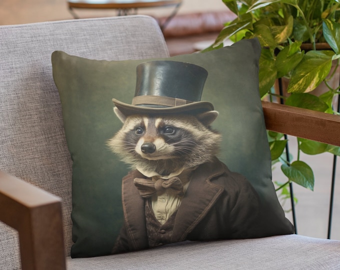 Victorian Raccoon Pillow, Raccoon Portrait Pillow, Animal Lover Gift, Victorian Animal Home Decor, Raccoon Lover Gift, Cottagecore Pillow