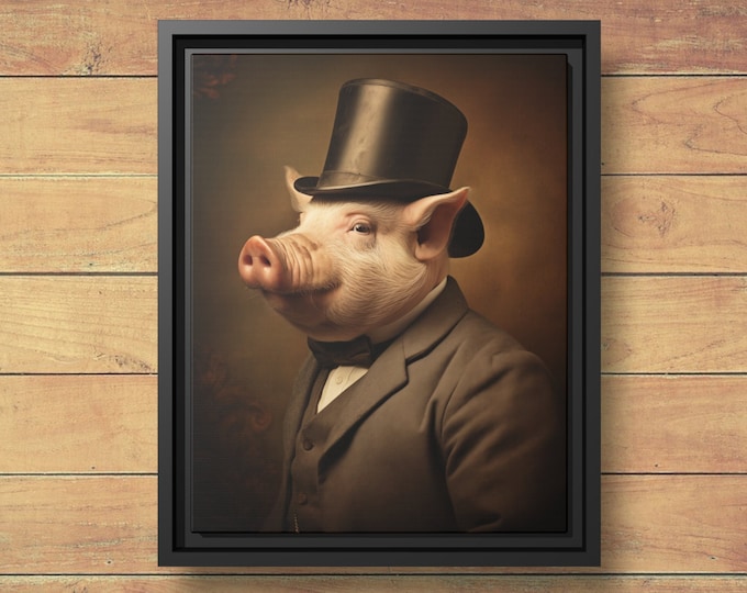 Victorian Pig Portrait, Funny Framed Canvas Print, Animal Wall Decor