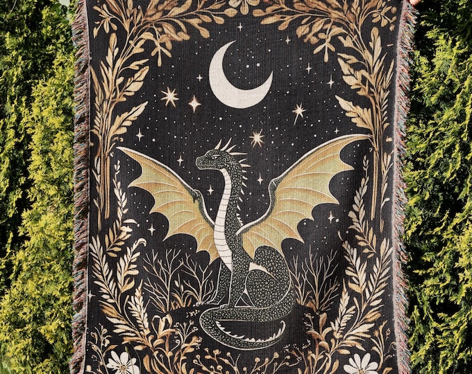 Dragon Woven Blanket, Celestial Dragon Kids Room Decor, Retro Fantasy Lover Gift Throw