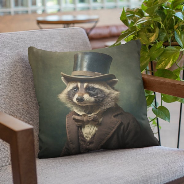 Victorian Raccoon Pillow, Raccoon Portrait Pillow, Animal Lover Gift, Victorian Animal Home Decor, Raccoon Lover Gift, Cottagecore Pillow