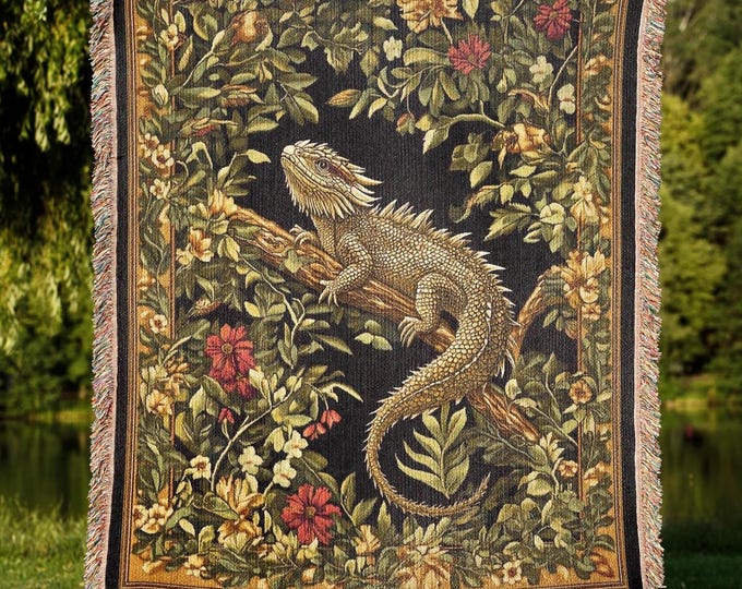 Bearded Dragon Tapestry Blanket – Woven Cotton, Cottagecore Floral