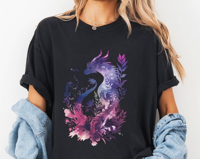 Fantasy Dragon T-Shirt, Dark Academia Romantasy Tee, Comfort Colors® Flowers and Dragon Shirt, Retro Cottagecore Goth Aesthetic Tee