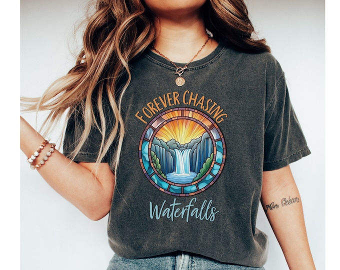 Comfort Colors Waterfall T-Shirt, Stained Glass Nature Design