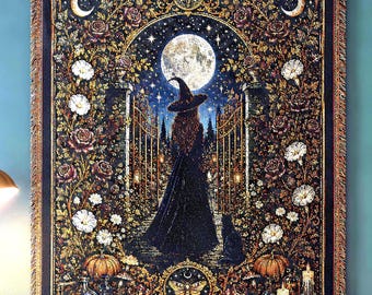 Witchy Woven Blanket | Moonlit Garden Witch Tapestry Throw | Gothic Cottagecore Decor