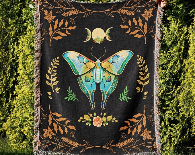 Luna Moth Goth Blanket, Cottagecore Moon Phases Woven Throw, Astrology Gift, New Baby Blanket, Moon Lover Tapestry, Moon Phases Wall Decor