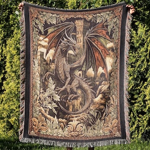 Medieval flying dragon woven tapestry blanket