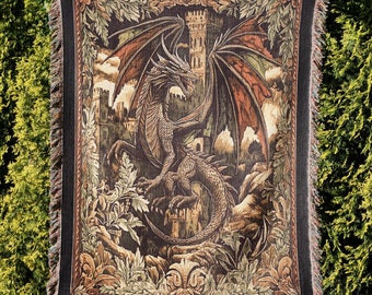 Coperta tessuta per amanti dei draghi, decorazione gotica fiabesca, regalo fantasy medievale con drago, coperta jacquard in stile cottagecore