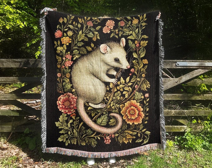 Possum Woven Tapestry Blanket, Floral Cottagecore Decor