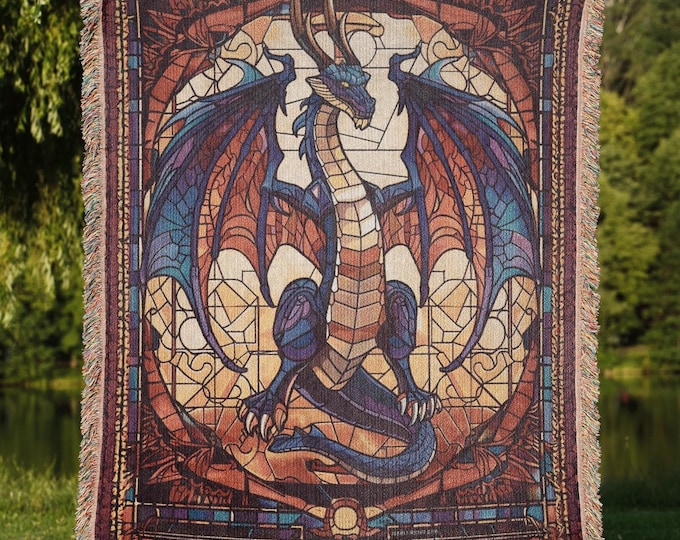 Dragon Woven Blanket, Stained Glass Style, Gothic Tapestry