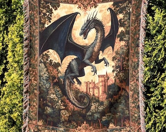Medieval Dragon Blanket, Fantasy Dragon Lover Gift, Gothic Fairytale Inspired Decor, Cottagecore Woven Throw