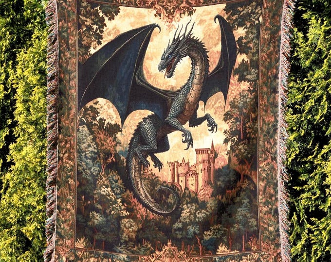 Medieval Dragon Blanket, Fantasy Dragon Lover Gift, Gothic Fairytale Inspired Decor, Cottagecore Woven Throw