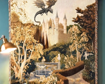 Medieval Garden Tapestry Blanket, Castle and Dragon Woven Throw, Dark Cottagecore Fantasy Wall Decor, Gift for Dragon Lovers