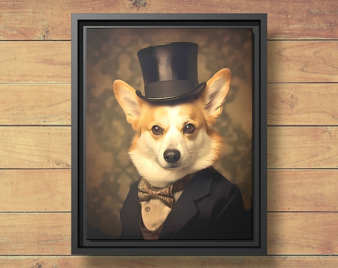 Victorian Corgi Framed Art, Dapper Dog Portrait, Corgi Lover Gift