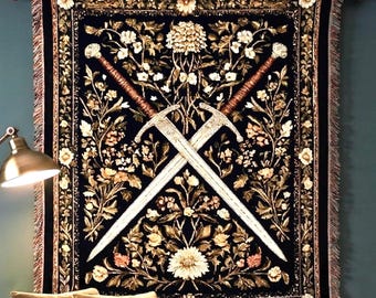 Medieval Sword Tapestry Blanket - Woven Floral Gothic Wall Art and Fantasy Decor Gift for DnD Lovers