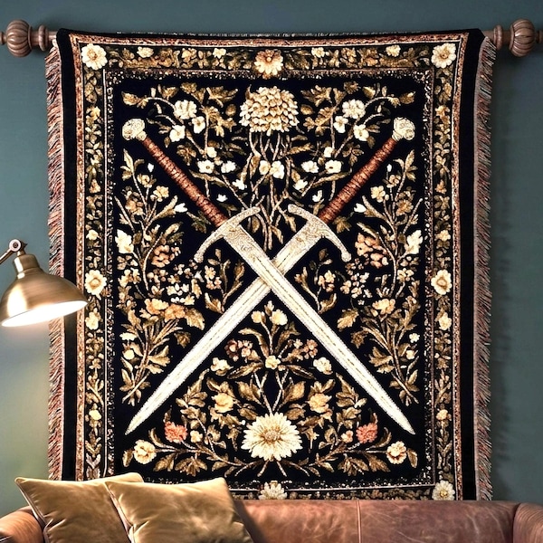 Manta tapiz con espada medieval - Arte mural gótico floral tejido y decoración fantástica Regalo para amantes de D&D