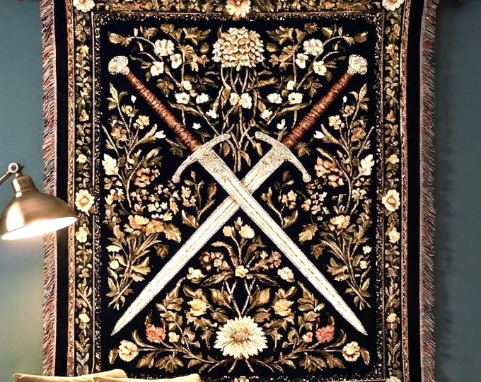 Medieval Sword Tapestry Blanket: Woven Floral Gothic Wall Art and Fantasy Decor Gift for DnD Lovers